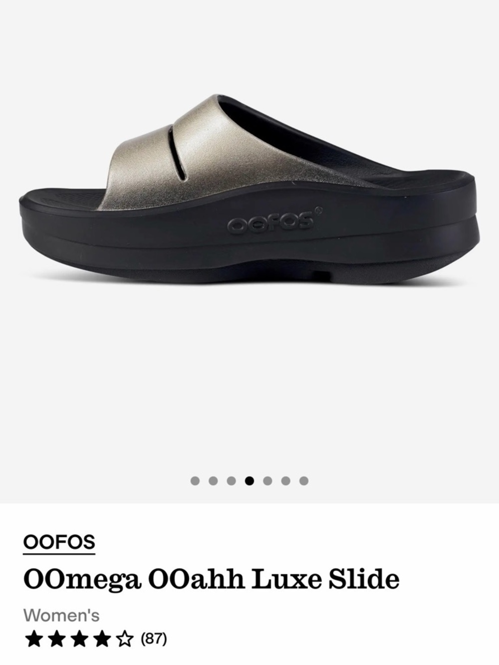 OOFOS OOomega OOahh Luxe Slide in Metallic Pewter and Black